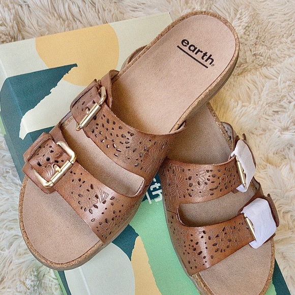 earth perforated leather slide sandals